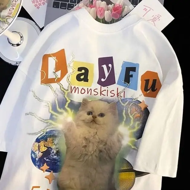 

American high street cartoon cat print t-shirt women's summer trendy brand ins large size hip-hop loose cotton short-sleeved top