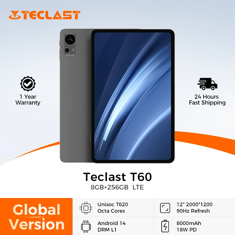 테클라스트 T60 12인치 2K 태블릿 안드로이드 14 8GB+12GB 램 256GB 롬 T620 옥타코어 8000mAh 18W PD 고속 충전 4G VoLTE GPS 태블릿