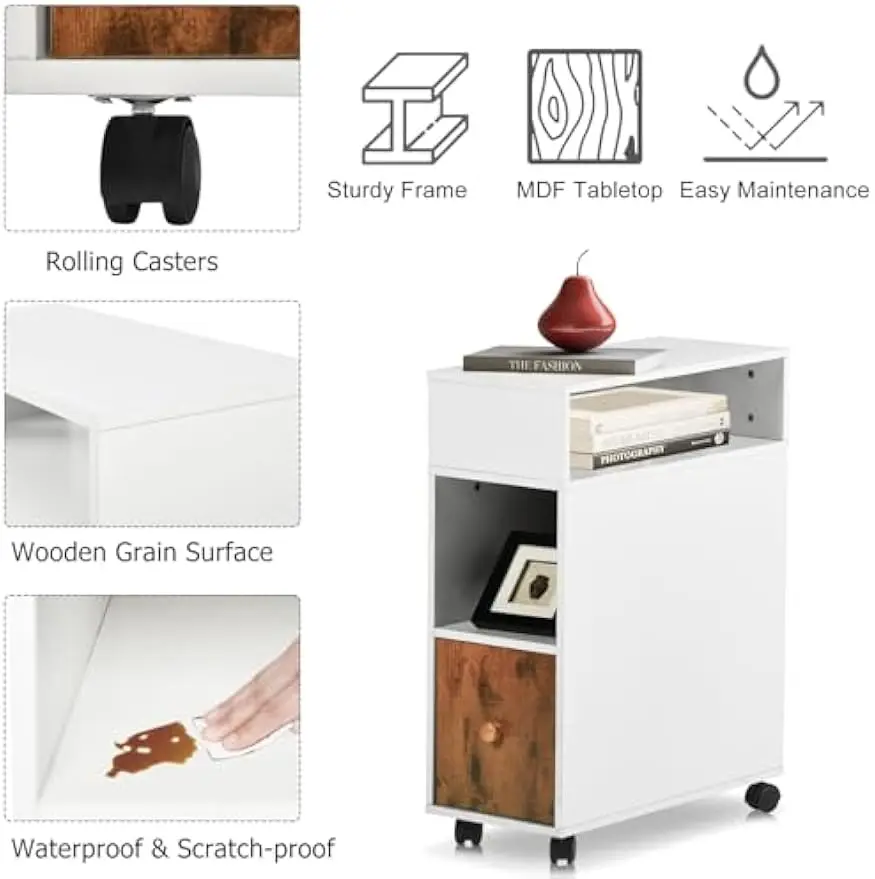 Mobile File Cabinet with Drawer & Dual-Sided Storage Shelves, Rolling Vertical File Organizer for Home Office - White/Brown