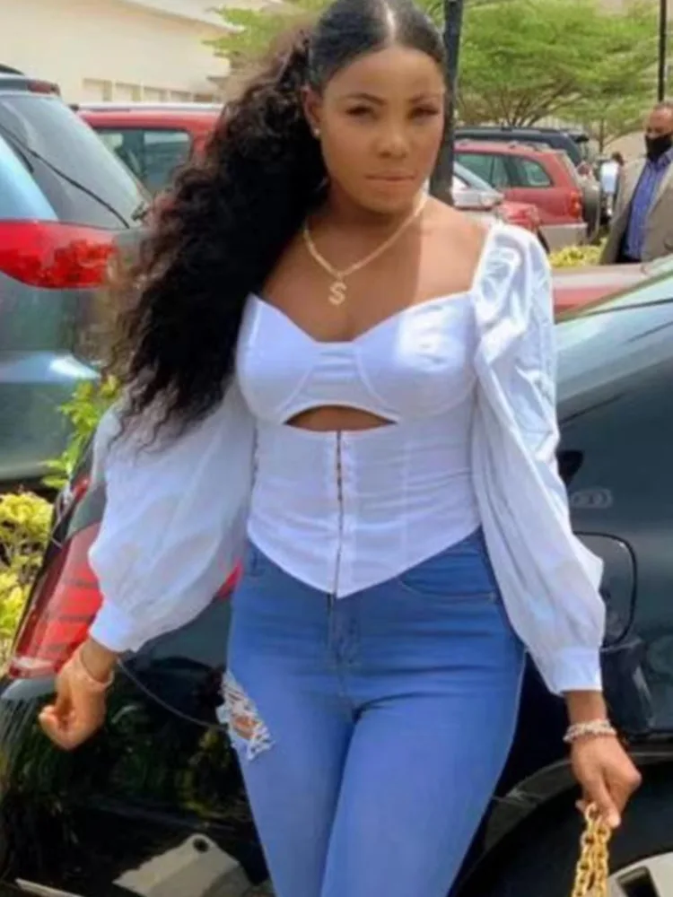 

Женская блузка со стальными кольцами и пуговицами спереди, укороченный топ с одной линией и воротником-стойкой, Повседневная рубашка в стиле High Street