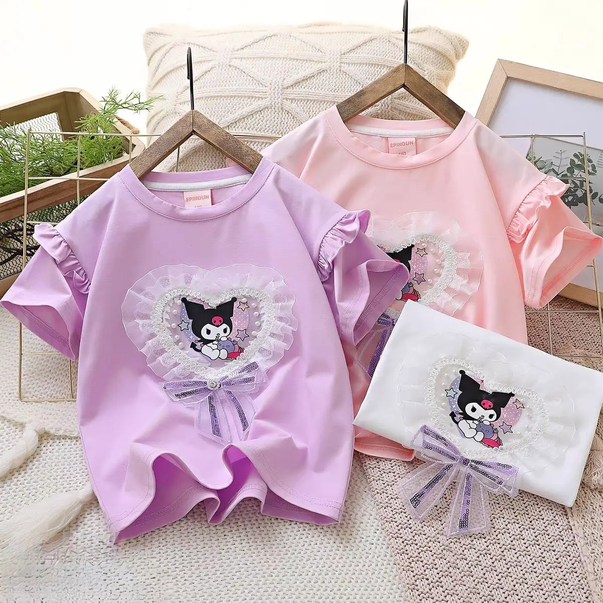 

2024 Sanrio Kuromi Girls Short-Sleeved T-Shirt Kawaii Anime Print Tops Summer Sweet Cute Thin Babys Half-Sleeved Shirt Kid Gift