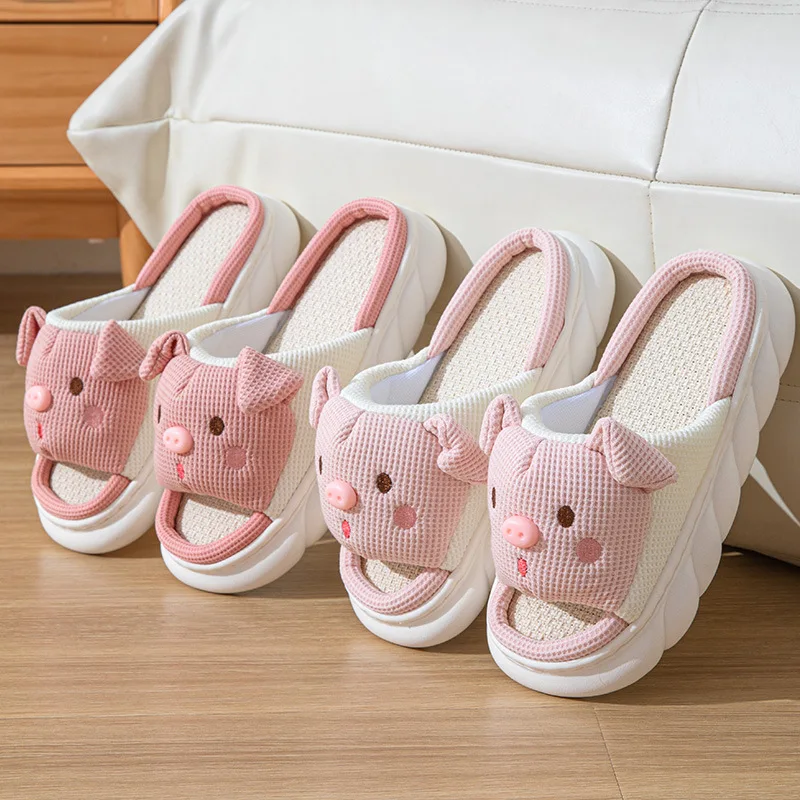 2024 New Pink 3.5cm Fashion Soft Ladies Casual Cute Piggy Pattern Design Comfortable Female Linen Home Slippers