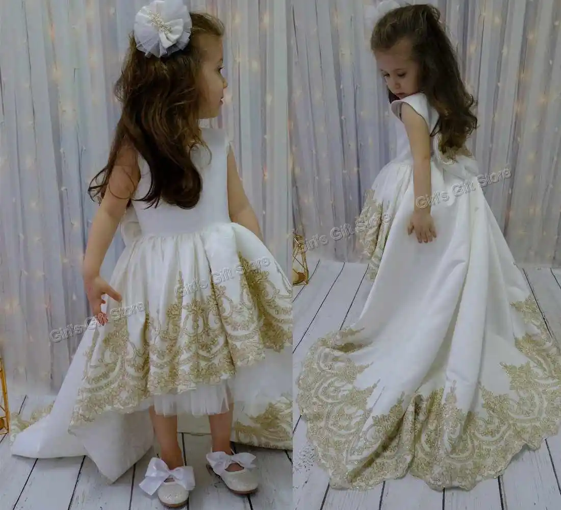 

Hi-Lo First Communion Girl Dresses Kids Evening Ball Gown Gold Applique Bow Girls Pageant Dress Satin Tulle Flower Girl Dress