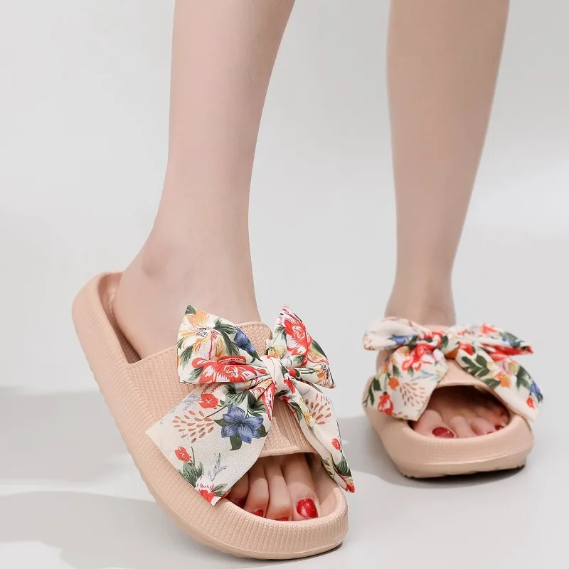 Boho Women Comfort Bow Soft Thick-Soled Cloud Slippers Travel Vacation Beach Shoes New Ladies Sandals