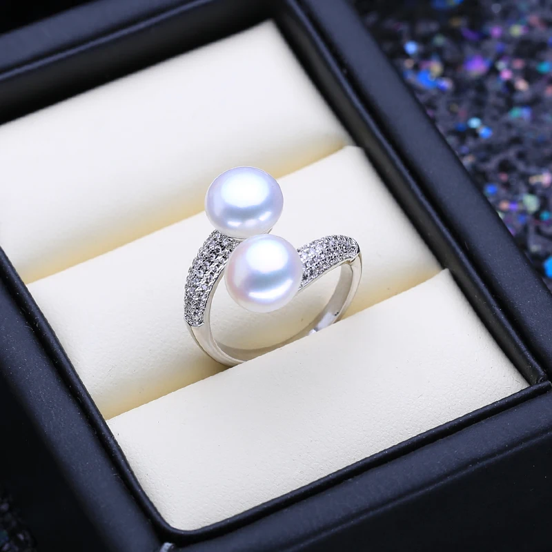 Natural Freshwater Double Pearl Rings For Women Zircon 925 Sterling Silver Jewelry Adjustable Wedding Engagement Ring FENASY silver ring wedding rings silver rings gemstone ring