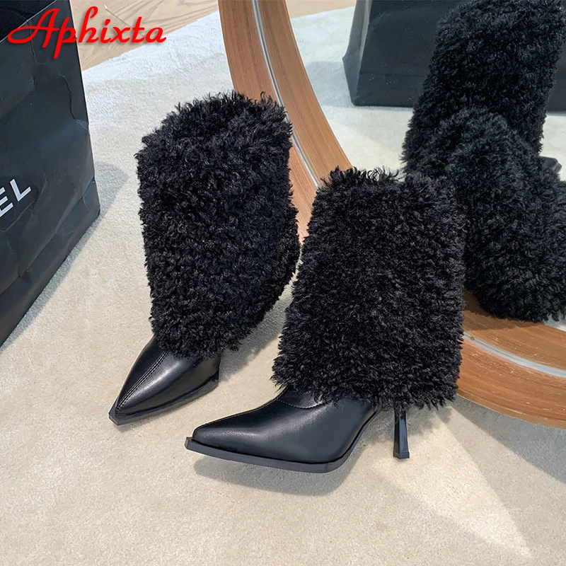 Aphixta Winter 8.5cm Thin Heels Curl Hair Outsourcing Mid-Calf Boots Pointed Toe Woman Shoes Plush Footwear