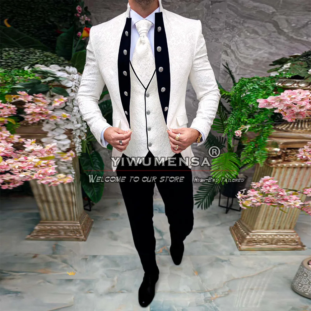 

Ivory Floral Suits Men For Wedding Navy Lapel Prom Blazer Tailored 3 Piece Formal Banquet Business Groom Tuxedos Traje De Hombre