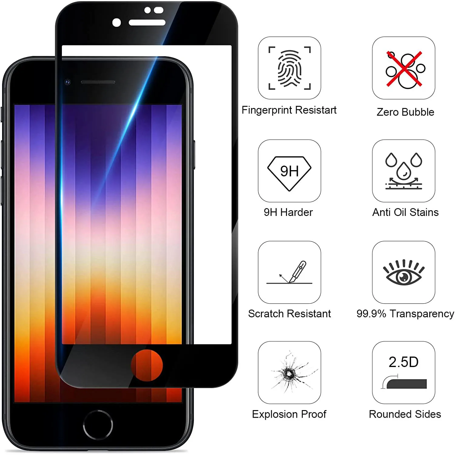 Pellicola salvaschermo nera da 3 pezzi per iPhone 7 8 6 6S Plus vetro temperato - immagine 2