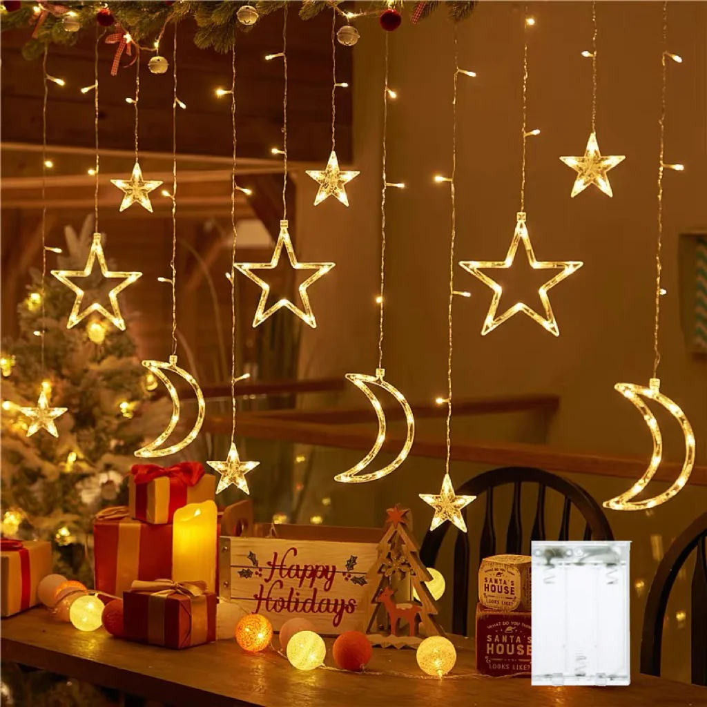 3.5M Star Moon Curtain String Lights Battery Powered Christmas Garland Lamp for Room New Year Decor