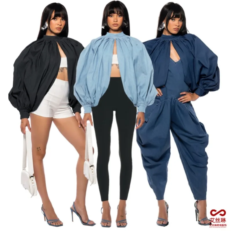 

Fashion Backless Women Denim Cardigan Solid Long Dolman Sleeve Crop Jackets 2023 Winter New Popular Workout Activewear Outerwear