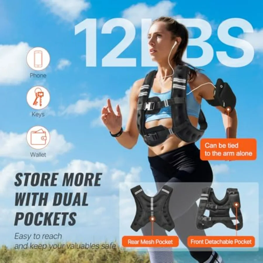 Weighted Vest, 12 lbs Weight Vest, Reflective Stripe, Adjustable Buckle Body Weight Vest, Workout Equipment, for Strength Traini