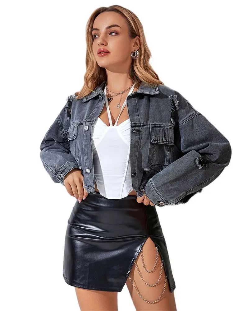 

Женская джинсовая куртка с эффектом потертости, однобортная Свободная куртка из денима с дырками, верхняя одежда для весны и осени, 2023