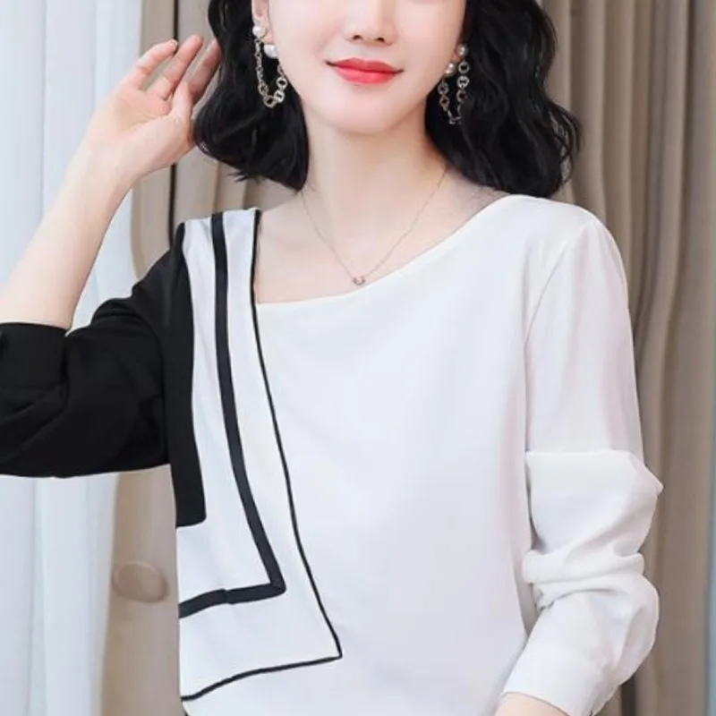 

Women's Spring Autumn New Fashion Slant Neck Spliced with Contrast Color Versatile Long Sleeved Loose Chiffon T-shirt Tops