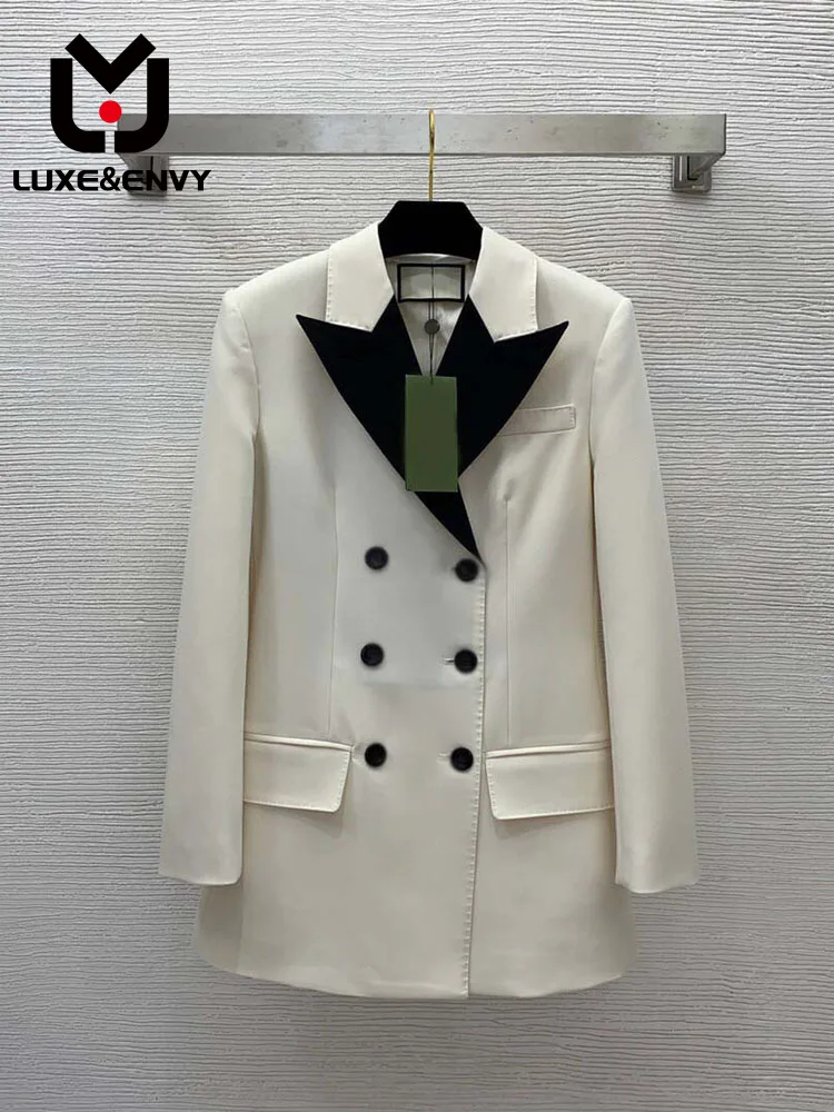 

LUXE&ENVY Paris Women's New Double Breasted Long Sleeved Mid Length Lapel Suit Jacket Top