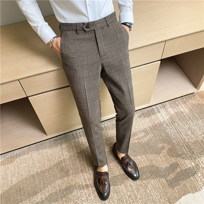 Chic Coffee Blue Grey Pants Men Elegant Slim Fit Plaid Suit Trousers Office Party Trousers Mens Dress