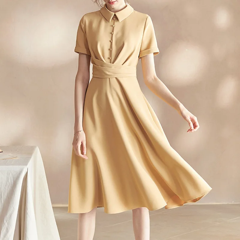

Spring Elegant Solid Belt Slim Midi Dress Causal Turn-down Collar Short Sleeve New Summer Yellow Shirt Dresses for Women 2023