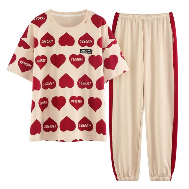 Women Pajama 2 Pcs Sets Cotton T-shirt Elastic Waist Ankle Length Pants Cartoon Plaid Sweet Home Clothes Can wear Outside