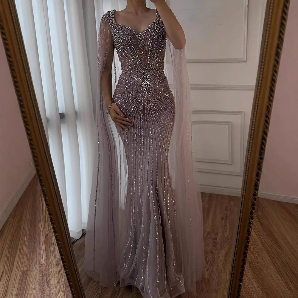 Serene Hill 2025 Customized Nude Cape Sleeves Beaded Saudi Arabic Evening Dresses Gowns for Formal Occasion LA72575A