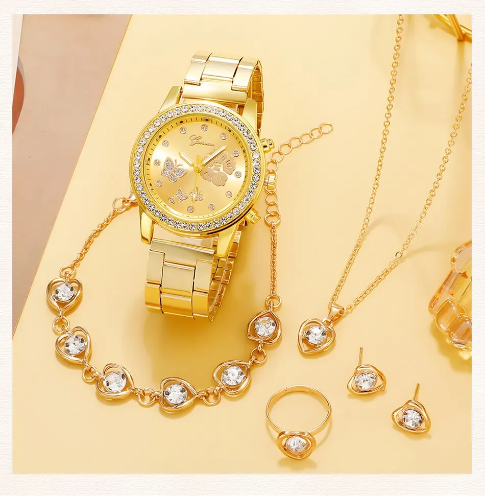 Sfbe26a0f74be401dabf33d72458b8189F 6PCS Set Gold Luxury Watch Women Ring Necklace Earring Rhinestone Fashion Wristwatch Casual Ladies Bracelet Watches Montre Femme Mallzona