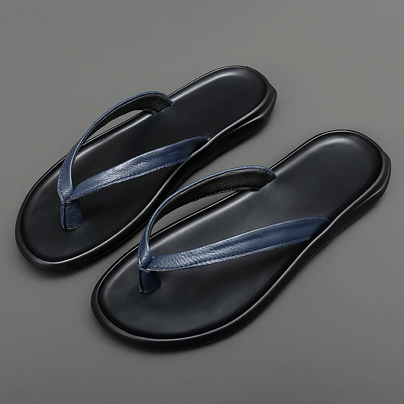 Summer Mens Luxury Genuine Leather Flip Flops Slippers For Men High Quality Flat Slippers Minimalist Size 38-44 Dropshipping — view 3