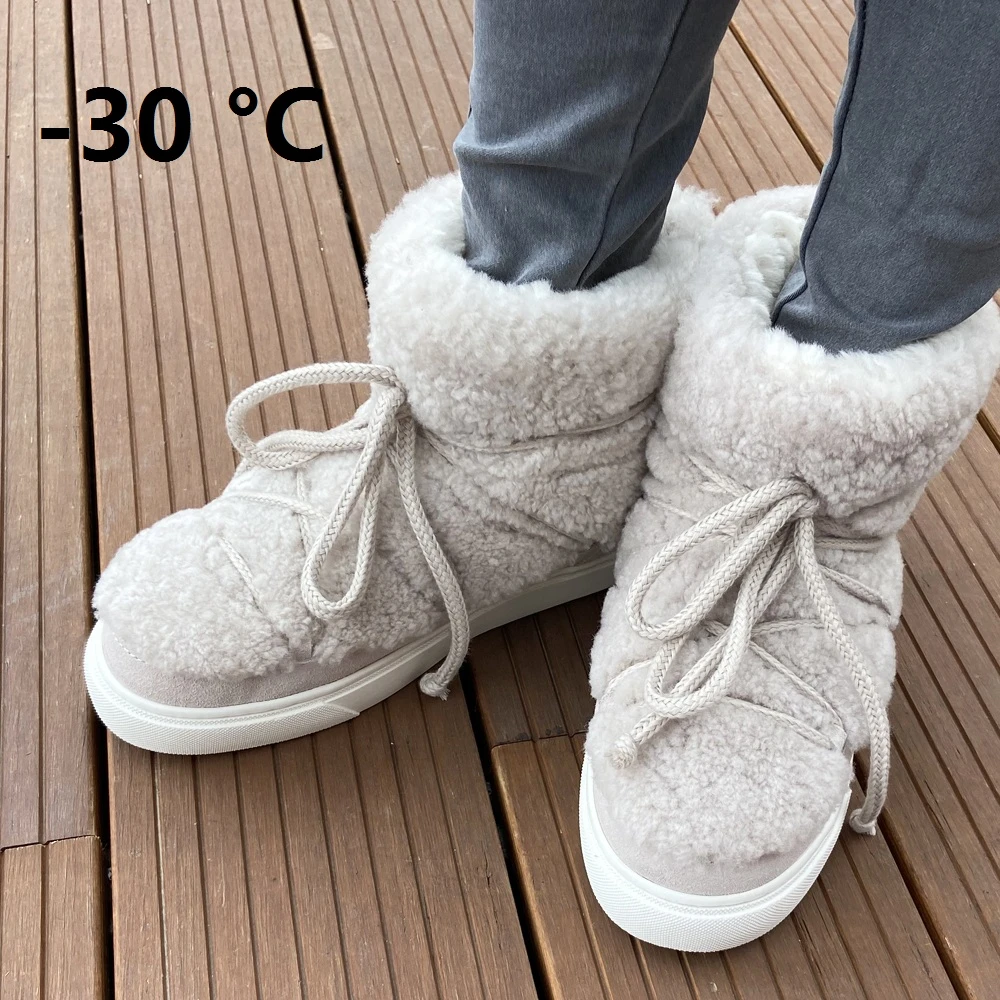 Botas de nieve de lana para mujer, zapatos planos cálidos, botines cordones, informales, talla grande, color rosa, Invierno| | - AliExpress