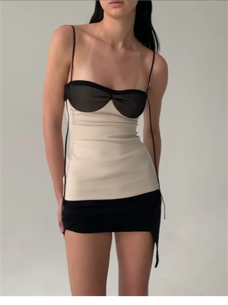 Nibber Patchwork Panelled Women Mini Dress Concise Tassel Wrapped Chest Irregular Backless Super-Short Vestido Trend Streetwear