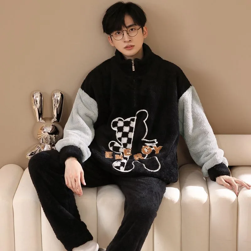 Coral Velvet Pajamas Men Winter Fleece-lined Thickened Cartoon Stand Collar Large Size Sleepwear Suit Male Flannel Warm Homewear