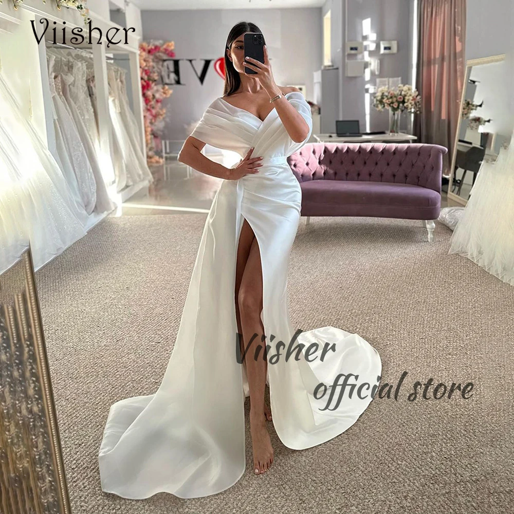 

White Satin Mermaid Wedding Dresses Off Shoulder V Neck Bride Dress with Slit Train Simple Civil Beach Bridal Gowns