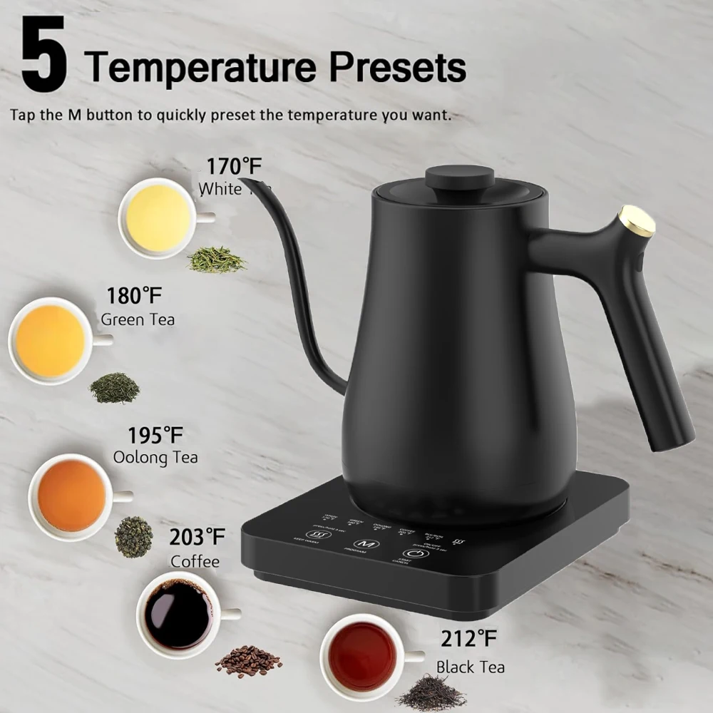 

0.8L Electric Kettle Hand Brew Coffee Pot，Anti-scald Handles Gooseneck Spout Automatic Insulation Temp Control 220V for Tea Milk