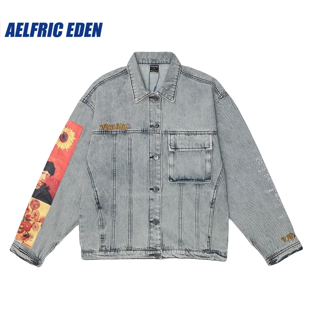 

2023 College Style Sunflowers & Self-portrait of Van Gogh Denim Jacket Mens Bomber Jacket Casual Street Loose Splicing Jackets