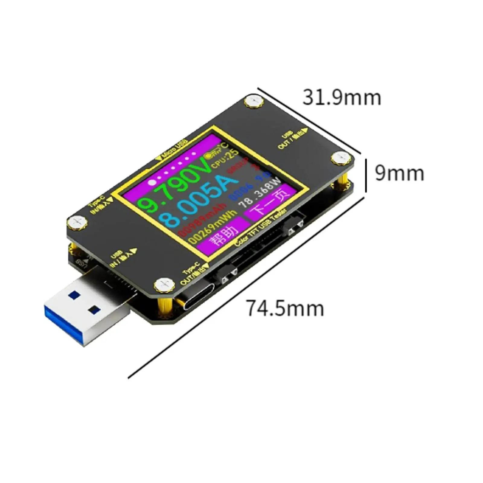 USB Tester Premium Multi Function Easy to Use 4 Function Buttons Plug and Play LCD Display Cable USB Type C Digital Meter Tester