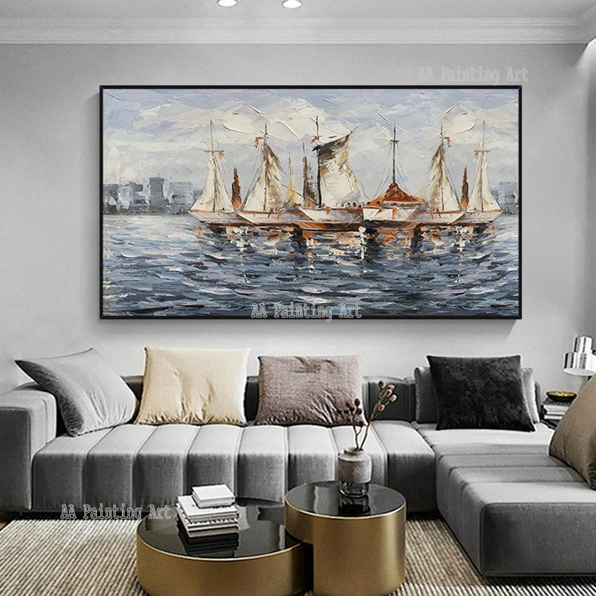 

Living Room Decoration Palette Knife Sailing Boat Oil Painting Unframed Hand Painted Abstract Canvas Wall Decoration Art Picture