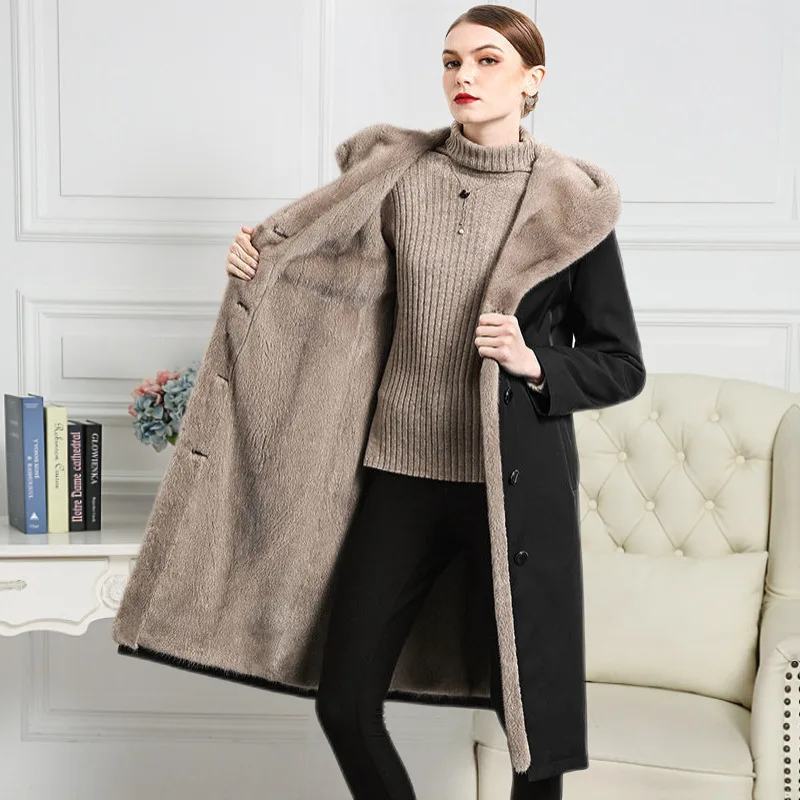 

Imitation Mink Liner Midi Faux Fur Coat Winter Plus Velvet Warm Hooded Drawstring Slim Waist Women Parka Fur Jacket Overcoat