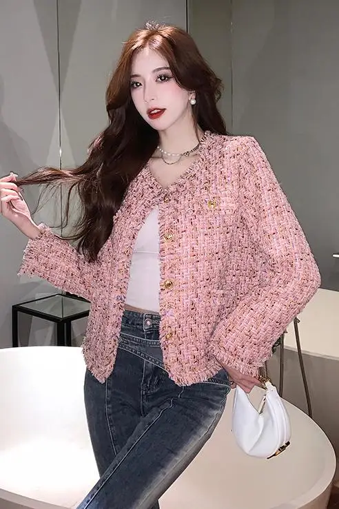 New Autumn Winter Vintage Pink Tweed Weave Jacket Coat Women Small Fragrance Korean Tassel Woollen Coats Elegant Outerwear