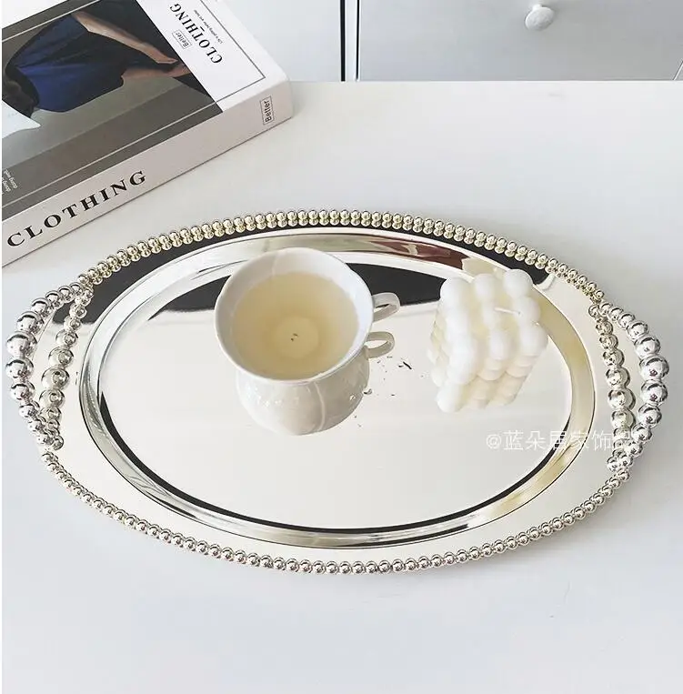 Silver Metal Serving Tray for Home Storage, Decorative Cake Stand with Handles, Cutlery Storage Orgnizer, Oval and Rectangle