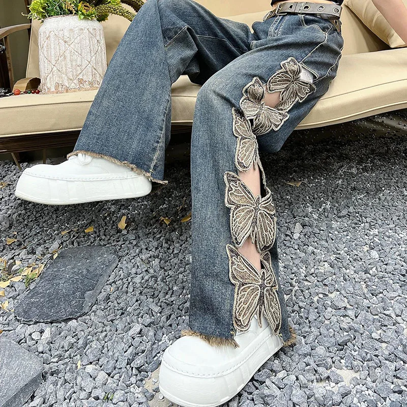 Summer New Butterfly Embroidered Wide Leg Jeans For Women High Waisted Ripped Denim Pants Vintage Casual Straight Leg Trousers