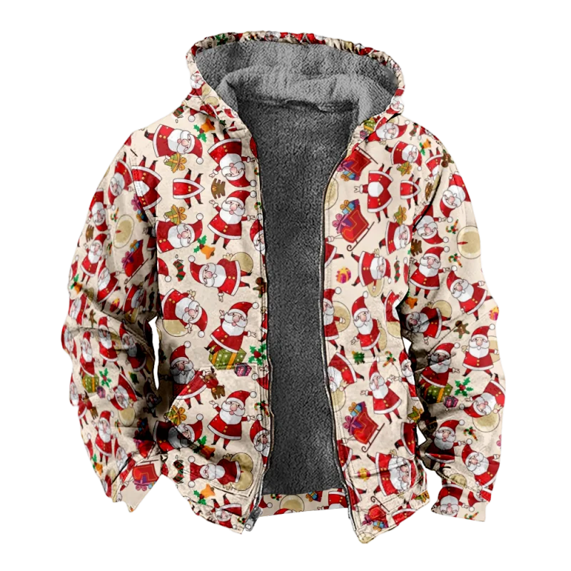 Christmas Creative Cotton Coat Hooded Sweater Casual Print Men's Fur Loop Arctic Velvet Zipper Patch Pocket Hooded Sweater a18