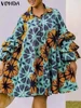 Plus Size VONDA Bohemian Dress 2025 Women Knee-Length Ruffled Printed Sundress Elegant Flare Long Sleeve Vestidos Casual Robe