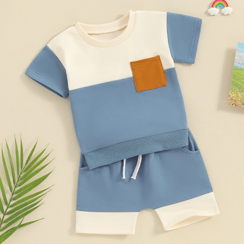 

Infant Baby Boy Casual Clothes Sets Contrast Color Short Sleeve T-shirt with Elastic Waist Shorts Toddler Summer Outfit Clothing
