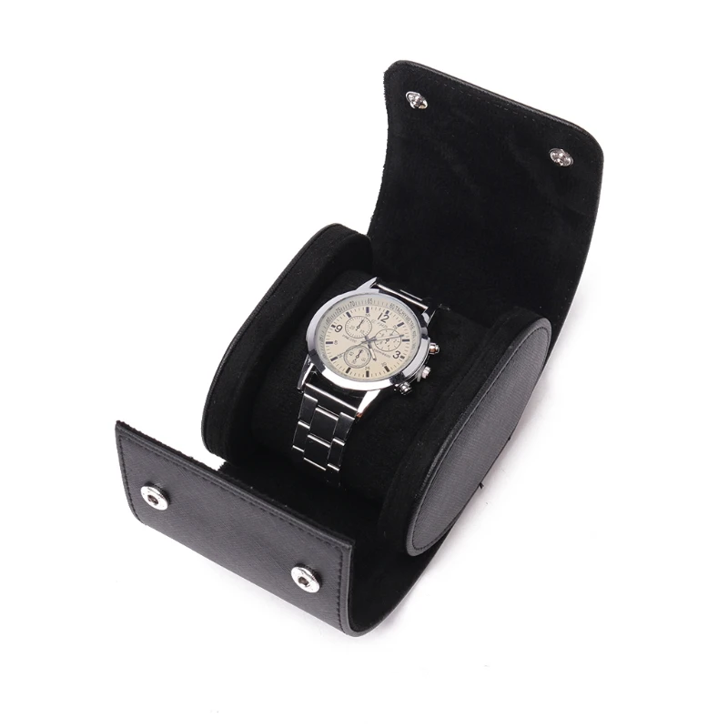 Black Real Leather Watch Roll Single Watch Travel Case
