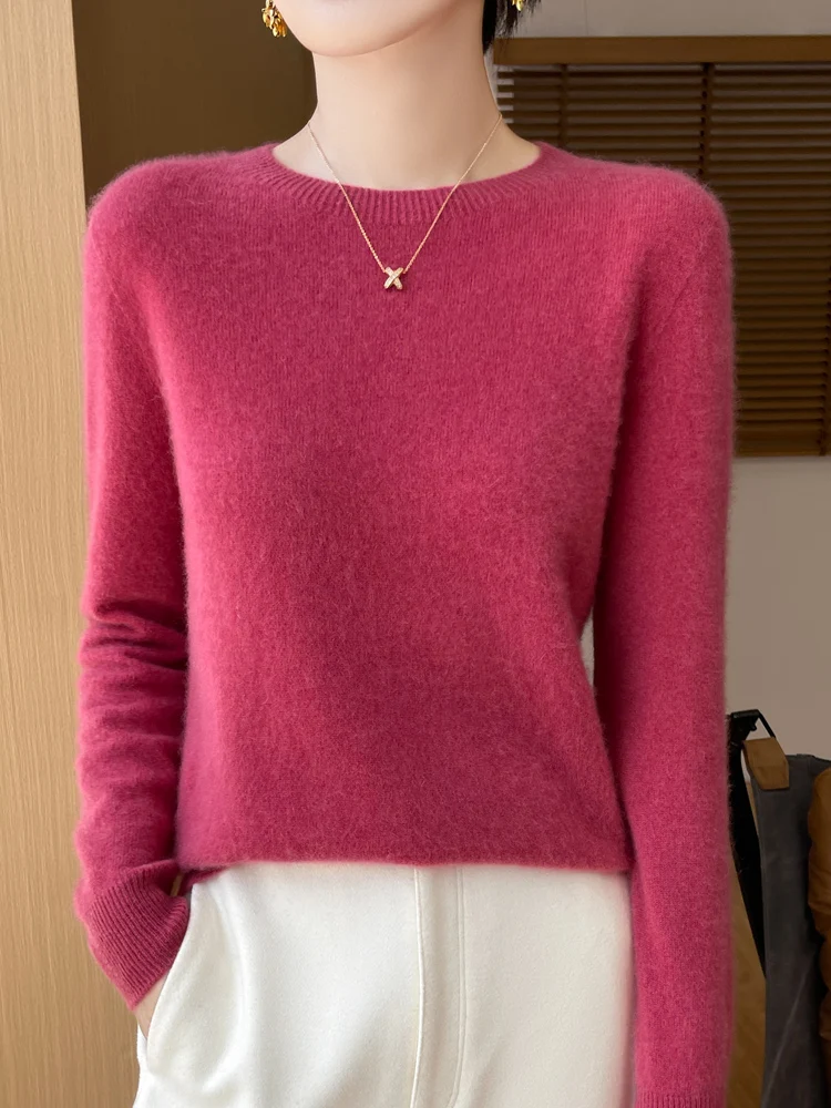 Autumn Winter Women Clothing O-Neck Pullover 100% Merino Wool Sweater New Fashion Cashmere Tops Bottoming Long Sleeve Knitwear 4