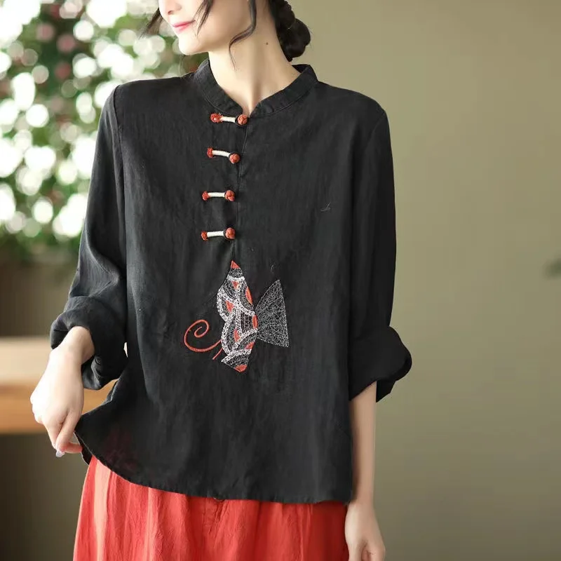 Summer Women Clothing Vintage Thin Shirts Tops V-Neck Half Sleeve Blouses Disc buckle New Chinese Style Loose Pullover Shirt