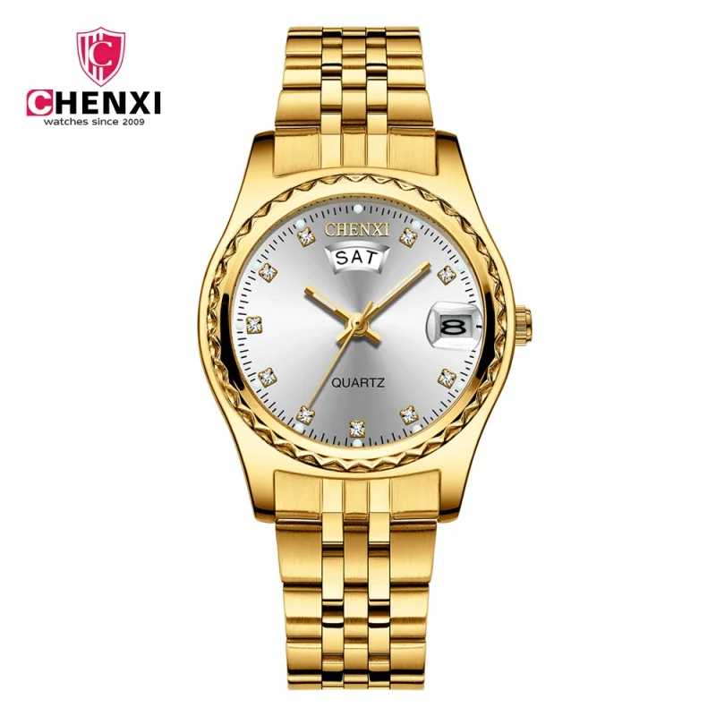 CHENXI Top Brand Men's Golden Wristwatches Business Quartz Watch Women Fashion Luxury Stainless Steel Waterproof Clock