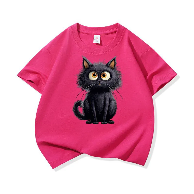 Adorable Black Cat Graphic Kids' Cotton Tee - Soft, Breathable Short Sleeve Shirt