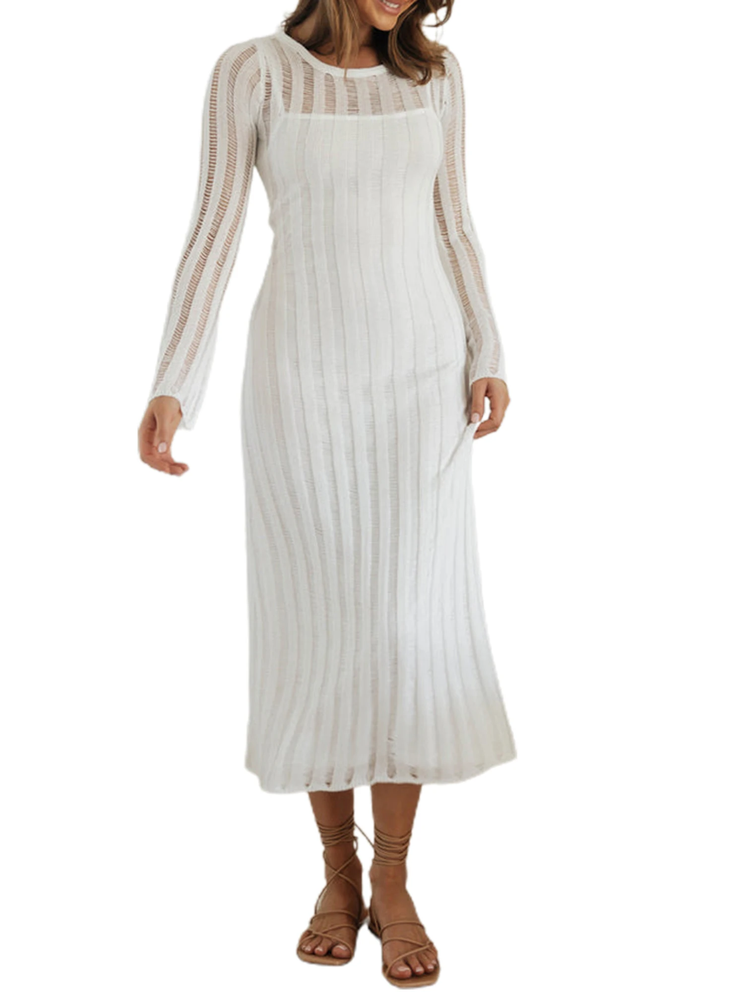 

Elegant and Chic Y2k Style Long Sleeve Knit Dress with Hollow Out Design Perfect for Summer Beach Parties and Casual Outings