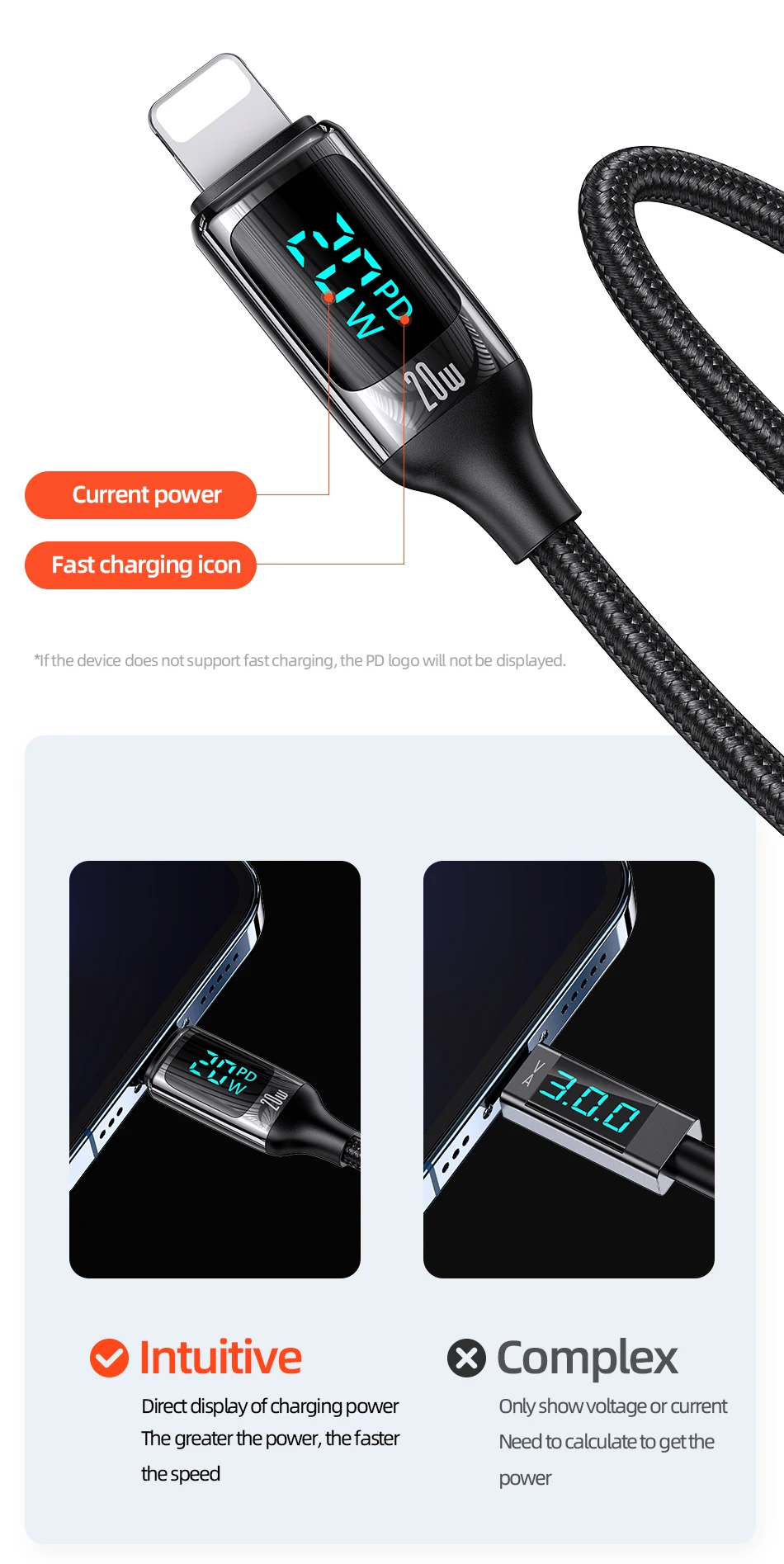 usb phone charger USAMS PD 20W 12W LED Display Fast Charge Cable USB A C To Lightning Phone Cable For iPhone 13 12 11 Mini Pro Max X Xs Xr 8 Plus android charger