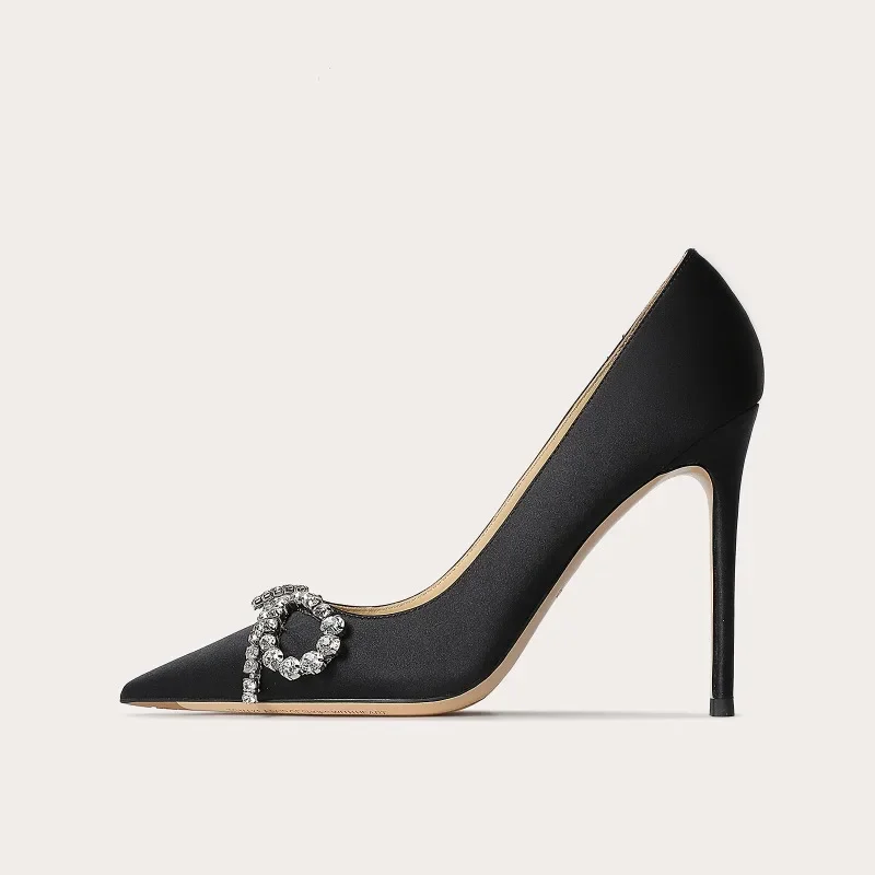 Spring/Summer New Pointed Shallow Mouth Silk Surface Water Diamond Bow Single Shoes Thin High Heels Banquet Dress Women's Shoes 2