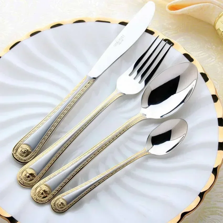 Vintage Western Gold Plated Dinnerware Dinner Fork Knife Set Golden Cutlery Set Stainless Steel Engraving Tableware