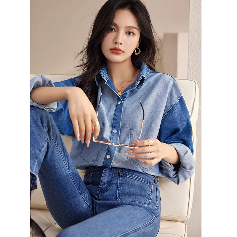 2023 Spring New Vintage Loose  Simple Fashion Denim Shirt Women  Blouse Tops Z003