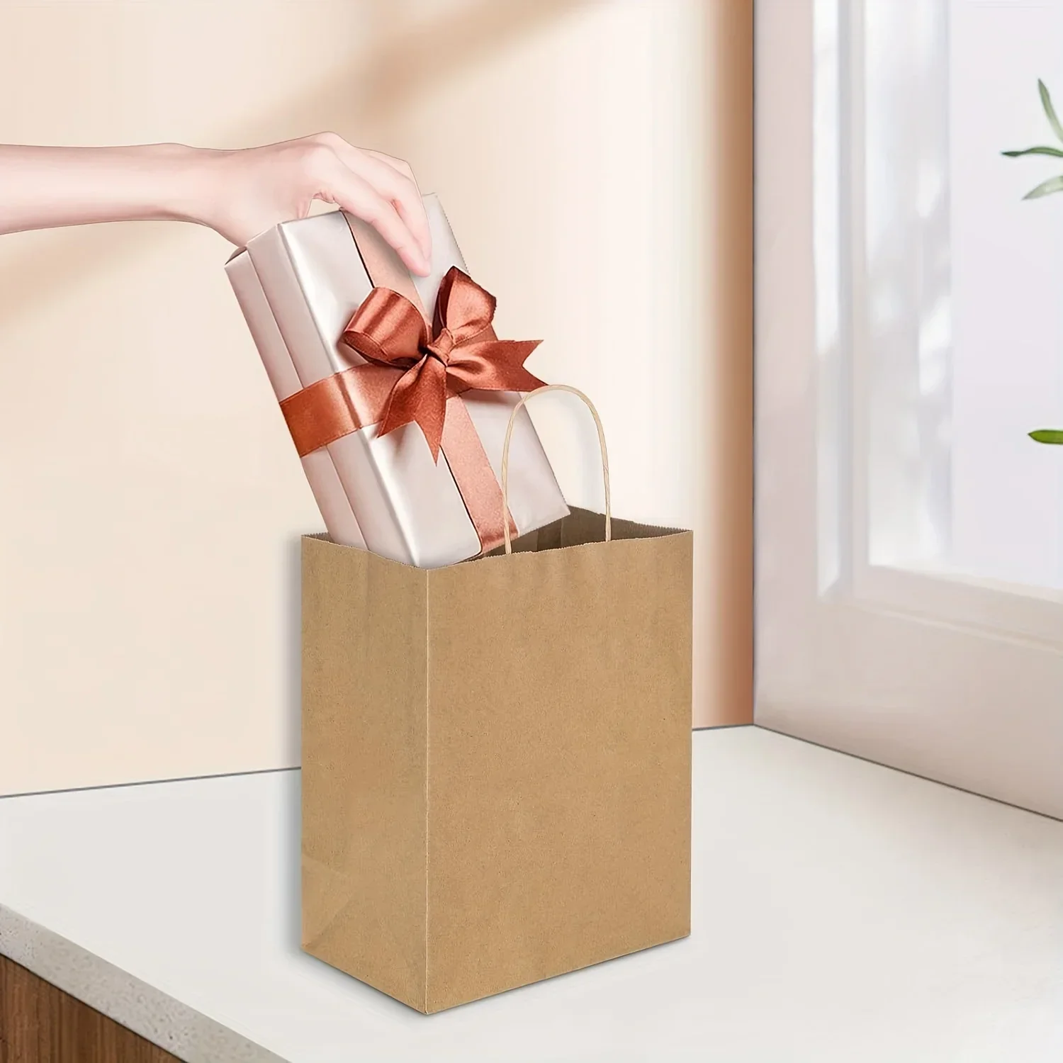 50/100PCS Small Kraft Paper Gift Bags with Handles Bulk For Packaging Christmas Party Favor Candy Bags Retail Shopping Bags 3
